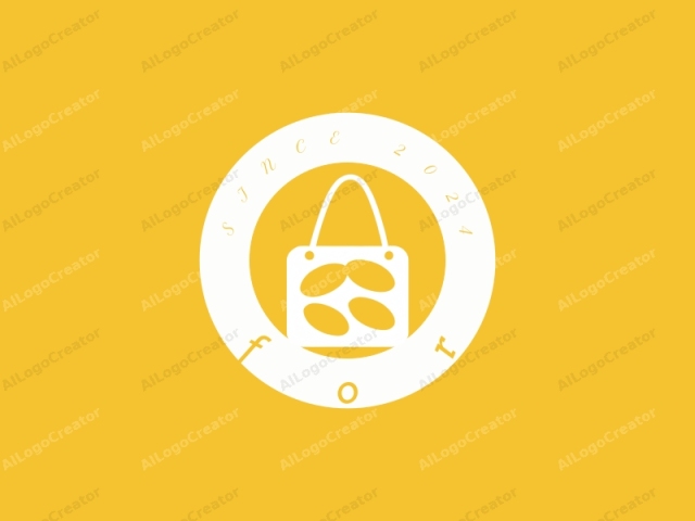 Este es un logotipo simple y minimalista sobre un fondo amarillo sólido. La imagen presenta una bolsa de compras estilizada de color blanco con forma ovalada. La bolsa tiene dos asas que se curvan hacia arriba y hacia afuera, cada una con un pequeño corte circular