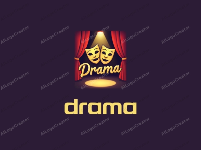 a theater. The logo features a vibrant and classic design with a central focus on two golden theatrical masks, representing comedy and tragedy, positioned symmetrically on top of each other. Each mask has a stylized, smiling face with expressive eyes, nose