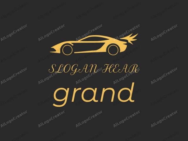 This image is a minimalist, stylized graphic illustration of a sports car set against a solid dark gray background. The car is depicted in a side profile view with a sleek, aerodynamic design. The entire figure is rendered in a golden yellow color