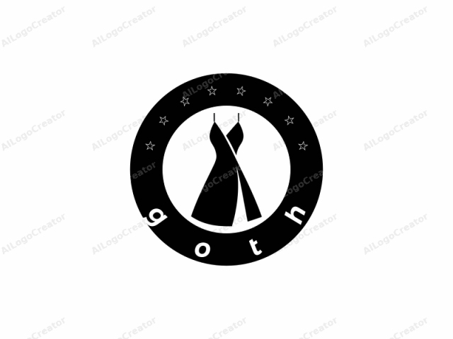 Dies ist ein einfaches, monochromes Logo, das in reinem Schwarz vor einem scharfen weißen Hintergrund dargestellt wird. Das Design zeigt ein Kleid mit einer klassischen Silhouette. Das Kleid wird in einem minimalistischen Stil dargestellt, wobei klare, geometrische Formen verwendet werden. Das Kleid hat eine