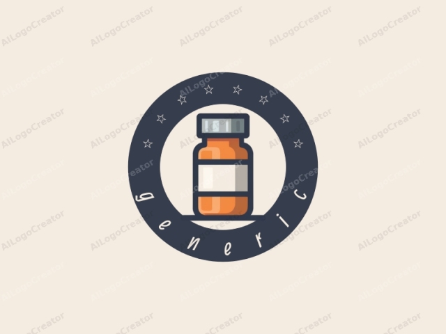 La imagen presenta una representación estilizada y minimalista de un pequeño frasco de medicina con tapa, situado sobre un fondo liso de color beige claro. El frasco está centrado y orientado verticalmente. El cuerpo del frasco es principalmente de color naranja sólido, con un