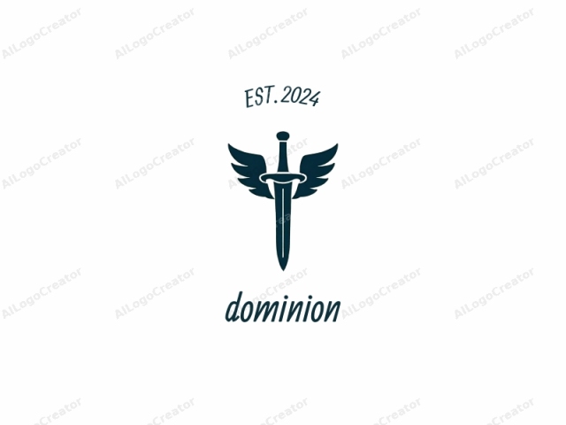 a stylized sword with wings. The logo features a minimalist, monochromatic design set against a stark white background. The sword, depicted in a dark navy blue color, is the central focus of the image. It is portrayed in a simplistic