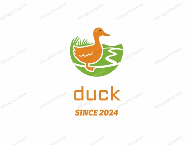 This is a simple, stylized vector logo featuring an orange duck standing on a green circle. The duck is depicted in a minimalist, cartoonish style with smooth lines and flat colors, giving it a clean, modern look. The orange duck has