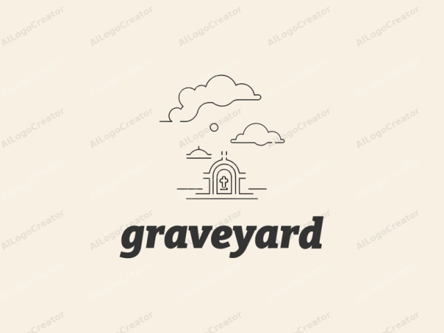 This minimalistic, hand-drawn logo features clean, black line art on a beige background. Central to the image is a small, arched structure with a cross atop it, reminiscent of a chapel or mausoleum. The structure is