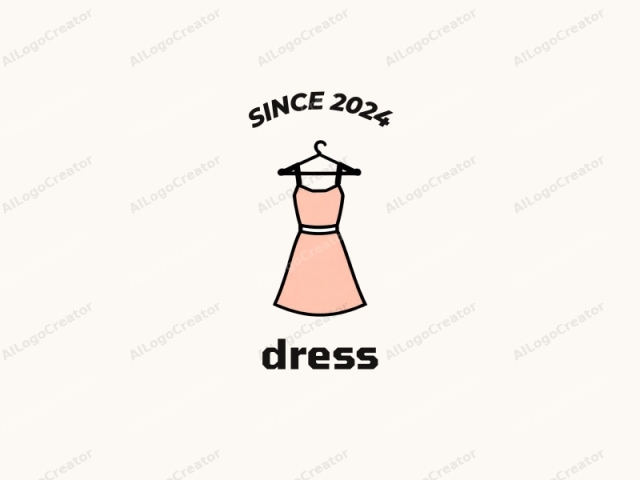 This image is a minimalist black-and-white illustration of a sleeveless, A-line dress hanging on a hanger. The dress is depicted in a soft pink hue, characterized by a thin black outline. The dress features a simple, sleeveless bod