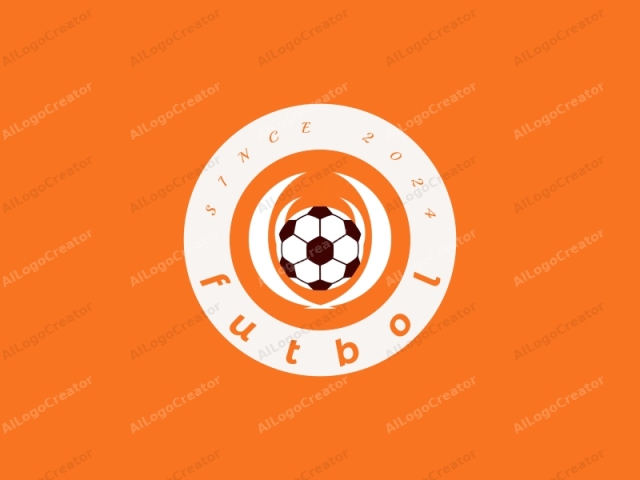 in einem minimalistischen Stil, mit nur wenigen Elementen. Das Bild zeigt ein sauberes und modernes Logo-Design. Im Mittelpunkt der Komposition steht ein einfaches, abstraktes Fußball-Symbol, das in Weiß vor einem leuchtend orangefarbenen Hintergrund dargestellt ist. Der Fußball besteht aus einem