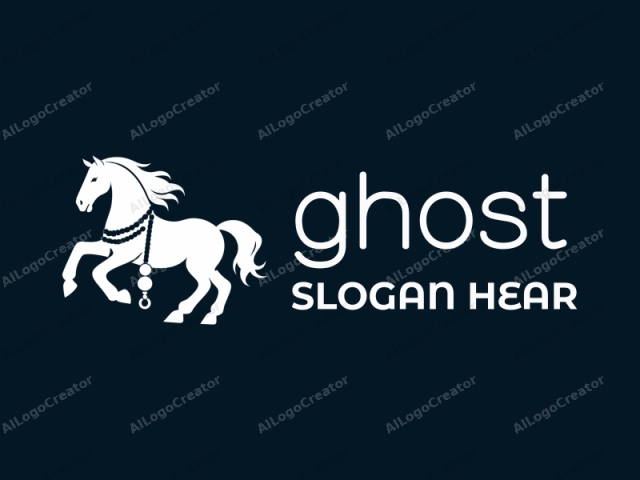 This image is a minimalist, high-contrast monochromatic logo depicting a stylized horse in profile. The horse, rendered in solid white on a deep navy blue background, is presented in a dynamic pose with one front leg lifted, suggesting movement