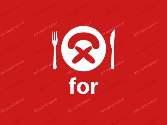 Este es un logotipo digital con un diseño minimalista y audaz. La imagen está centrada sobre un fondo rojo sólido, lo que le da una apariencia vibrante y llamativa. El motivo central es un plato estilizado en blanco con una cruz blanca simple.