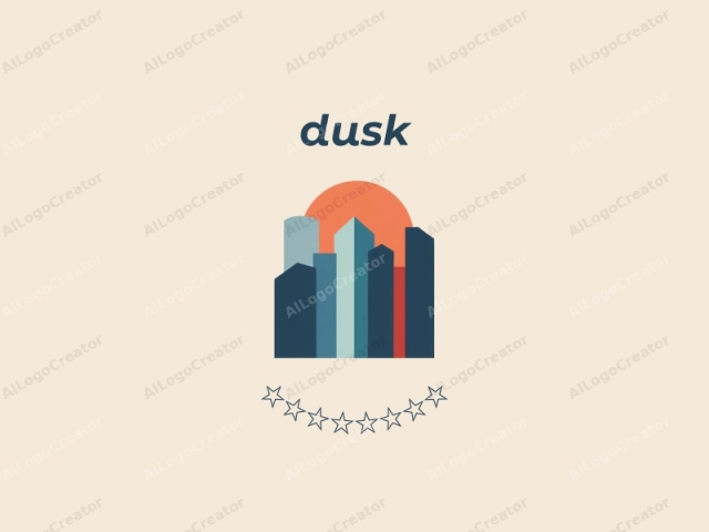 in a minimalist digital art style. This logo features a stylized depiction of a city skyline set against a plain, light beige background. The cityscape consists of a cluster of buildings rendered in various shades of blue, teal, and dark grey. The