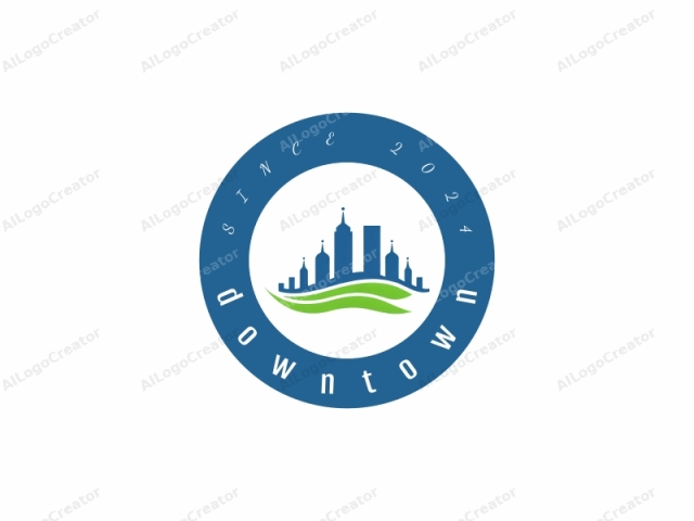 This is a minimalist, vector graphic logo featuring a stylized cityscape. The design consists of two distinct sections: an abstract city silhouette and a curved line representing a natural or man-made feature. The city skyline, rendered in blue, consists of