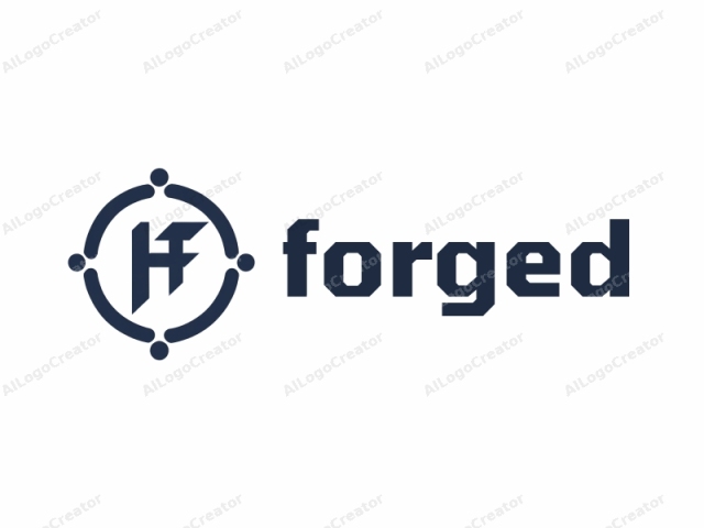 using the prompt to generate a text description. The logo features a circular design with an inner and outer border composed of four equally spaced, rounded, and interconnected dots or nodes. The central area of the circle contains a stylized, bold, and