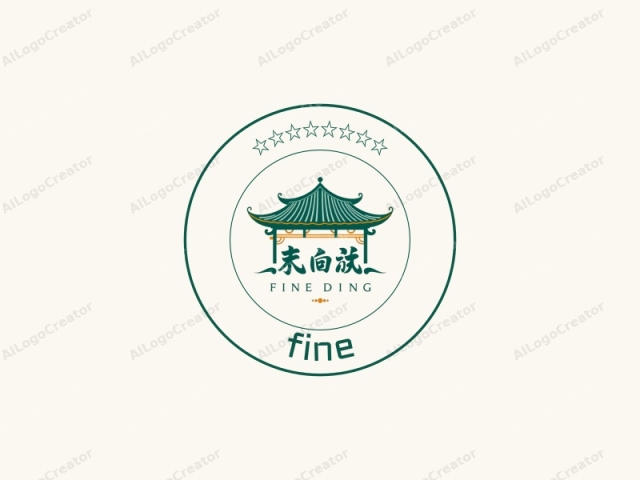 This is a digital logo designed in a modern, minimalist style. The image features a minimalist representation of a traditional Chinese pagoda or temple roof, depicted in teal green. The roof structure is stylized, with a central peak and two symmetrical