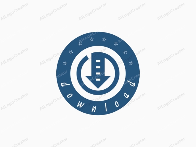 a blue down arrow set against a plain white background. The image depicts a simple and minimalist logo design, consisting of a solid blue downward-pointing arrow enclosed within a circular frame, both elements in monochrome. The arrow is positioned centrally within the