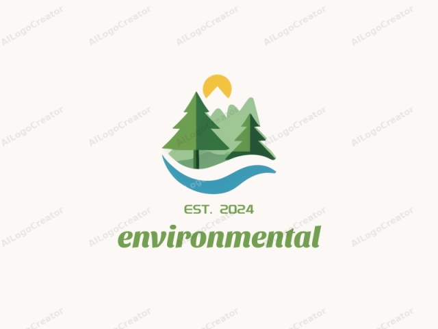 This logo features a stylized representation of a forest landscape. In the center, there are two green pine trees, both depicted with simple, triangular shapes. The trees stand on a gentle slope, which is illustrated in a lighter shade of green,