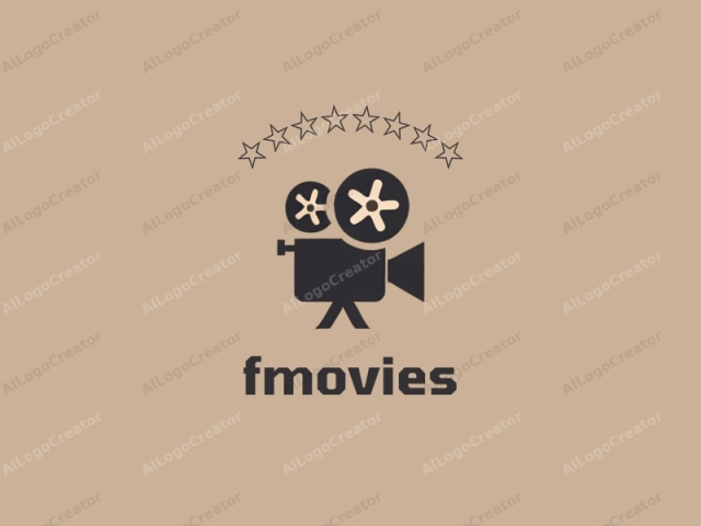 La imagen es un logotipo minimalista y monocromático que consta de dos símbolos icónicos de cámaras de cine, uno más pequeño y colocado detrás del otro. Ambas cámaras se representan en negro sólido sobre un fondo beige. La cámara más pequeña se coloca en el centro de la composición y presenta