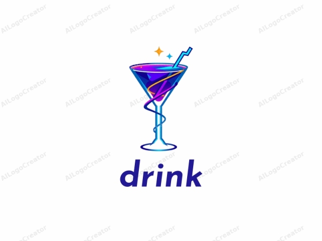 mit einem verspielten Cocktailglas in einem lebendigen und modernen Design. Diese digitale Logo-Illustration zeigt ein Martini-Glas, gefüllt mit einer tiefvioletten Flüssigkeit, die einen raffinierten und eleganten Cocktail symbolisiert. Das Glas ist in einem schlanken, neonblauen Farbton umrandet, was