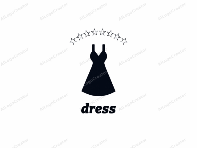 The logo is a simple, black silhouette of a sleeveless dress against a stark white background. The dress features a V-neckline, wide, rounded shoulders, and a short, flared skirt that widens out from the waist, resembling a