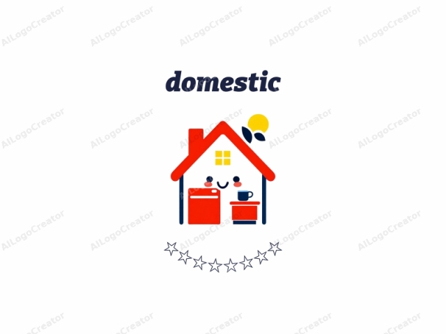 This is a whimsical, cartoonish logo designed with a minimalist approach, featuring a simple house. The house is rendered in flat colors with clean lines and lacks any shading or gradients. The house is portrayed with a red triangular roof and red vertical