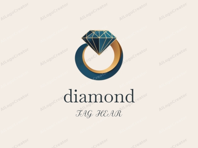 which depicts a stylized, geometrically designed ring encircling a prominent diamond. The background is a solid, light beige color, providing a clean, unobtrusive canvas that focuses attention on the ring. The ring itself is rendered in