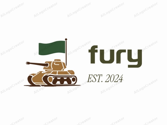 a stylized drawing of a World War II-era tank. The tank, depicted in a minimalist, flat design, is rendered in two distinct colors: a light brown for the tank body and a dark brown for the tracks. Its silhouette suggests a