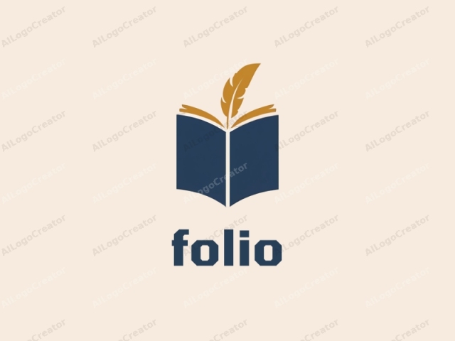 This is a minimalist, stylized logo design featuring an open book with a quill resting on top of its pages. The book is rendered in a solid, dark blue color, with its pages extending outward to create a balanced, symmetrical shape