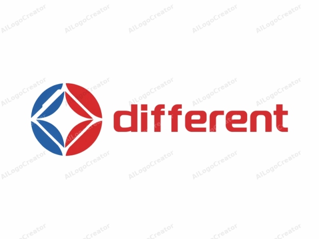 The logo features a stylized geometric design centered within a white, circular background. The circular shape is divided horizontally into two sections: the top half is a vibrant red and the bottom half is a vibrant blue, creating a striking color contrast. Within