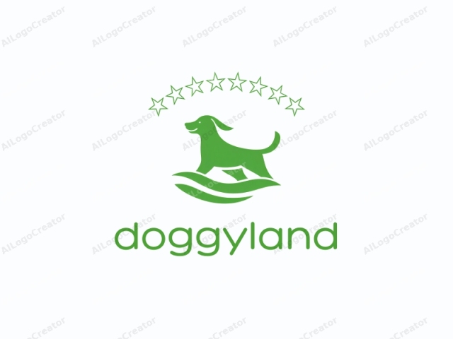 Este logo es un diseño minimalista y estilizado que presenta una ilustración simplificada en verde de un perro parado sobre una base curva y ondulada. El perro, mirando hacia la derecha, tiene un cuerpo redondeado con una pequeña cola que se curva hacia arriba. La cabeza del perro