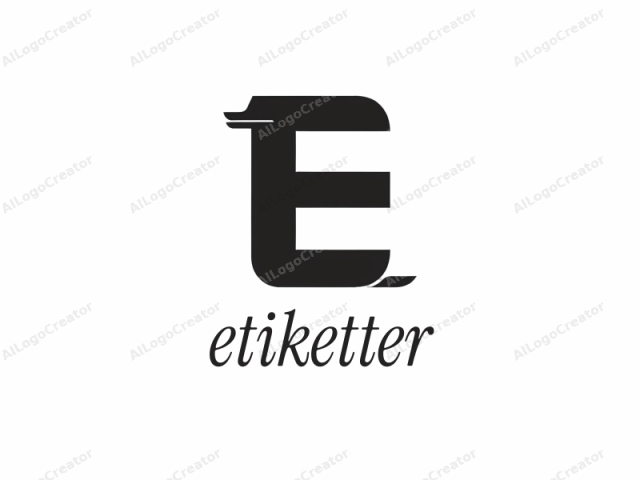 La imagen del logotipo presenta una letra "e" en minúscula, negra y audaz, con un diseño moderno y elegante. La letra está centrada en el marco y parece estar hecha de tinta negra sólida sobre un fondo blanco puro, creando un alto contraste.