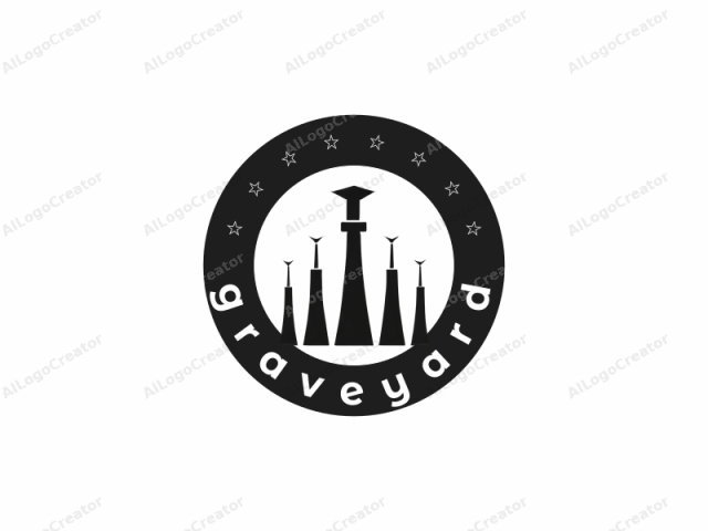 This image is a minimalist logo illustration in a black-and-white color palette. The design features five identical, cone-shaped structures arranged symmetrically, forming an arch-like shape. Each structure has a pointed top and a tapered base. They are positioned at