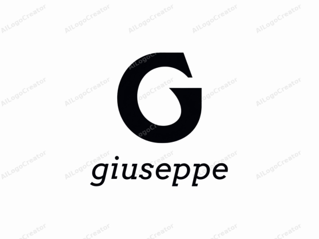 このロゴは、大胆な大文字のサンセリフフォントスタイルと独特なデザインが特徴です。文字「G」が中心的な主題で、純白の背景に深いソリッドブラックで描かれています。「G」はそのシャープさが特徴です。