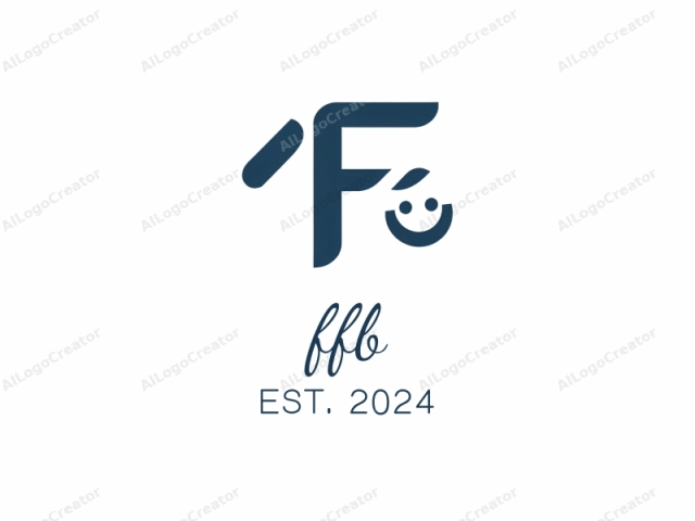 featuring a minimalist design in a digital format. The logo consists of a monochromatic dark blue, sans-serif letter "F," with a playful, smiling face drawn on the left side of the letter. The letter "F" has a distinct