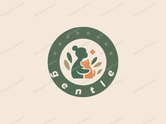 Esta es una ilustración de logotipo minimalista en un estilo digital plano. Presenta una silueta estilizada de una mujer y un perro pequeño. La mujer está representada con un diseño simple y limpio, su cuerpo delineado en un color verde sólido y apagado.