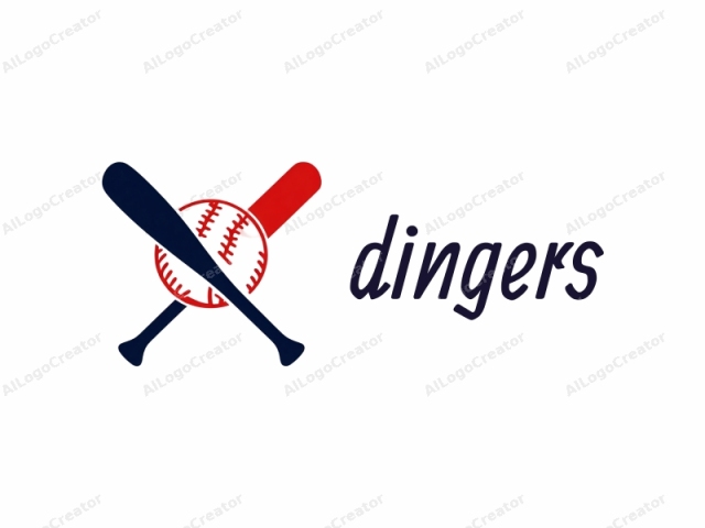 Dies ist ein einfaches, stilisiertes Vektorgrafik-Logo, das einen Baseballschläger und einen Ball darstellt, gestaltet in einem minimalistischen, flachen Stil mit kräftigen Farben. Der Schläger ist vertikal positioniert und kreuzt sich mit einem anderen Schläger, wodurch eine "X"-Form entsteht, beide in kräftigem Marineblau.