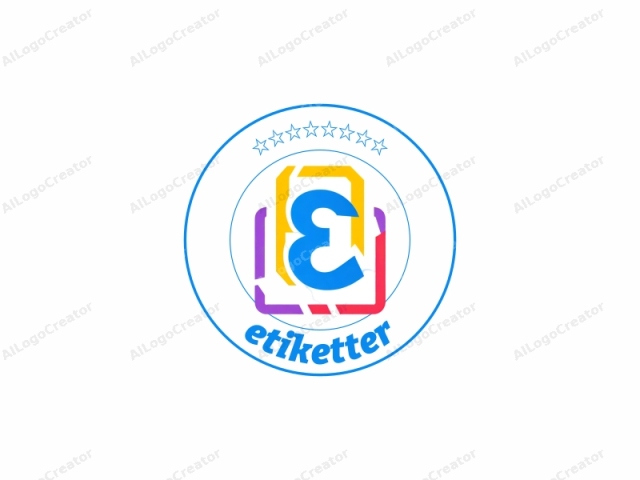 Este es un logotipo gráfico digital que presenta un diseño estilizado y moderno. El enfoque central es una letra mayúscula "E" grande y azul negrita, con sus curvas superior e inferior ligeramente distorsionadas para darle una forma única. Rodeando la "E",