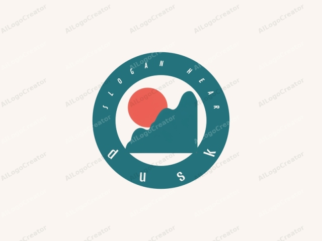 a minimalist, modern abstract design. The logo features a stylized landscape with bold, clean lines and flat colors. It consists of a large, circular sun, colored a vibrant red-orange, situated centrally on the left side of the composition. This