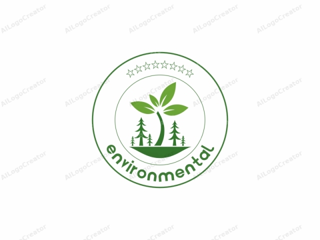 This image is a simplified, stylized logo featuring a green tree with a slender trunk and five broad, oval-shaped leaves at the top. The tree's trunk is short, and it stands on a small, round, flat base colored in dark