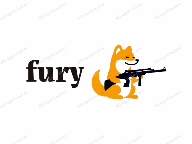 This logo features a cartoonish, stylized character resembling a dog or a bear, with an overall orange hue. The character is depicted in a squatting position, facing right, and holding a black, rectangular-shaped rifle in front of its chest