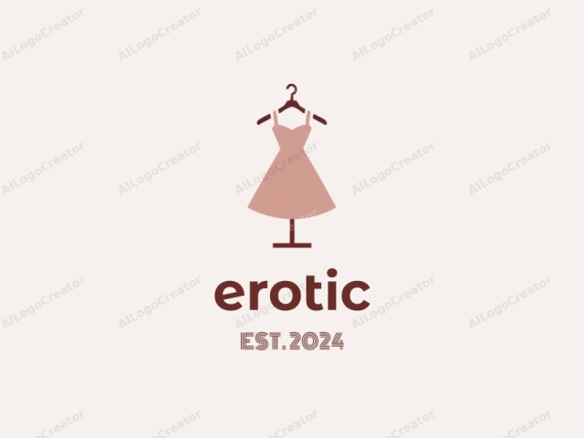 Este diseño de logo minimalista presenta una ilustración simple y estilizada de un vestido en un maniquí. El vestido se representa en un tono rosa claro con una correa de hombro marrón sutil y un pequeño gancho en la esquina superior derecha, sugiriendo que es