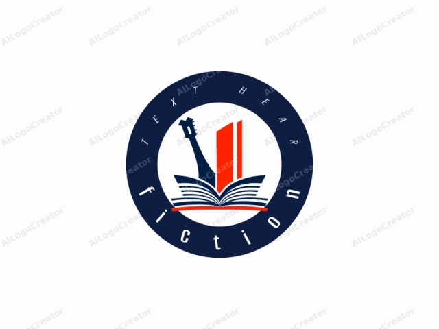 This is a stylized logo consisting of three main elements: a guitar, a book, and a flag. The guitar, depicted in a dark blue color, is positioned to the left of the logo. It has a classic design with distinct body