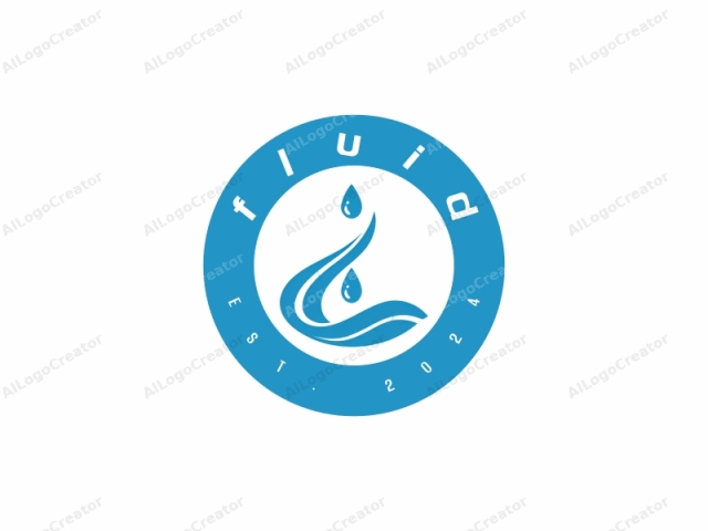 This is a minimalist, modern logo featuring a stylized depiction of water in the form of blue waves and droplets. The primary element is a large, fluid curve that arches from the bottom left to the top right, representing the flow and