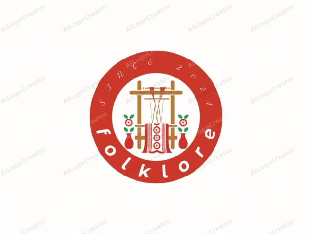 This is a stylized, minimalist logo depicting a traditional weaving loom. The loom is drawn in a simplistic yet elegant manner with brown wooden beams forming the frame, and two vertical wooden posts supporting a horizontal bar on which a white weaving shuttle