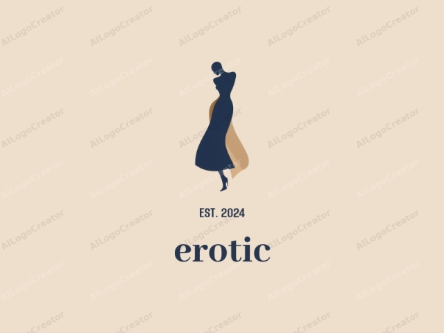 Este logo minimalista presenta una silueta de una mujer con un vestido elegante y fluido. La obra está realizada en un estilo moderno y limpio, con colores planos y líneas simples y afiladas, sin degradados ni texturas. La figura de la mujer se representa desde