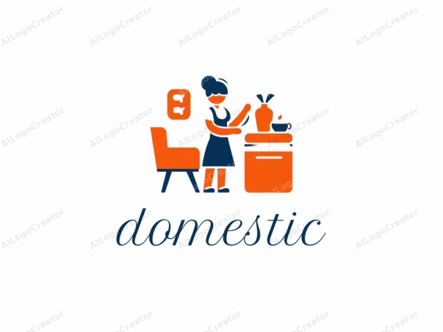 a simplified, minimalist, and flat-style illustration. The image features a stylized, modernistic illustration in bright orange and dark navy blue colors. The subject is a woman depicted as a flat, geometric figure, standing in a domestic setting. She