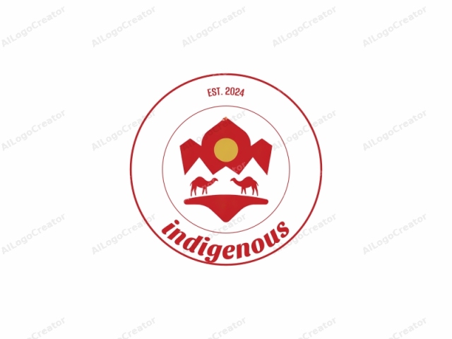 que representa un diseño minimalista en un medio digital. El logotipo presenta una ilustración simple pero impactante en un color rojo audaz con un uso mínimo de tonos adicionales. Los elementos principales incluyen dos siluetas de camellos enfrentadas sobre una plataforma plana de forma triangular