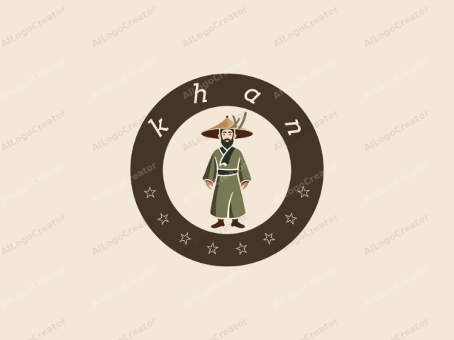 which depicts a stylized, cartoonish character in a minimalist, flat art style. The character is a man with a dark complexion and a full beard, wearing traditional Asian attire. His outfit consists of a green robe with long sleeves, cinched