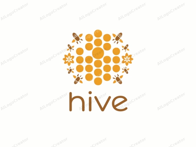 The image is a minimalist, abstract logo, featuring a symmetrical design centered against a plain white background. The main subject is a honeycomb structure consisting of large, evenly-spaced yellow circles that resemble the hexagonal cells in a real honeycomb