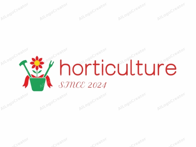 which includes a stylized flower pot. The image features a green flower pot set against a white background, filled with a bright red flower and green leaves. At the top of the pot, there are three items: a red ribbon tied in a