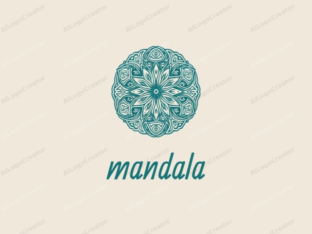 using the style of a modern, geometric pattern. This image showcases a symmetrical, mandala-like design rendered in teal and white against a beige background. The mandala features intricate, interlacing lines and curves that create a mesmerizing,