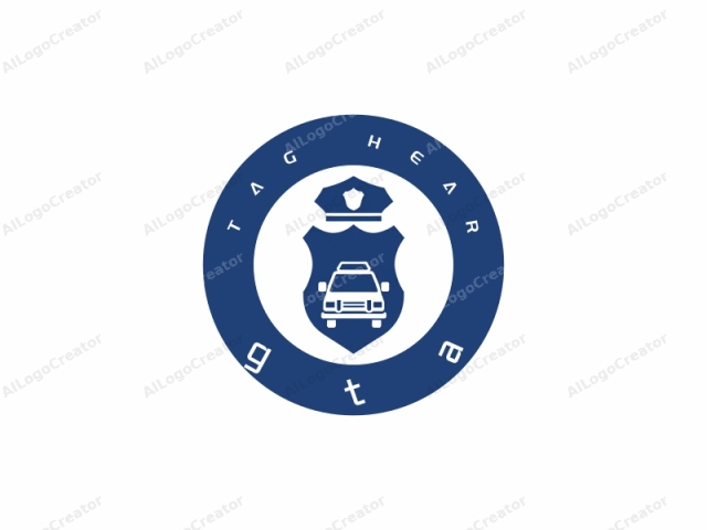 This image is a minimalist logo, predominantly blue and white, featuring a stylized police car and shield. The logo is composed of a shield shape with a rounded top and pointed bottom, symbolizing strength and protection. Within the shield, the central