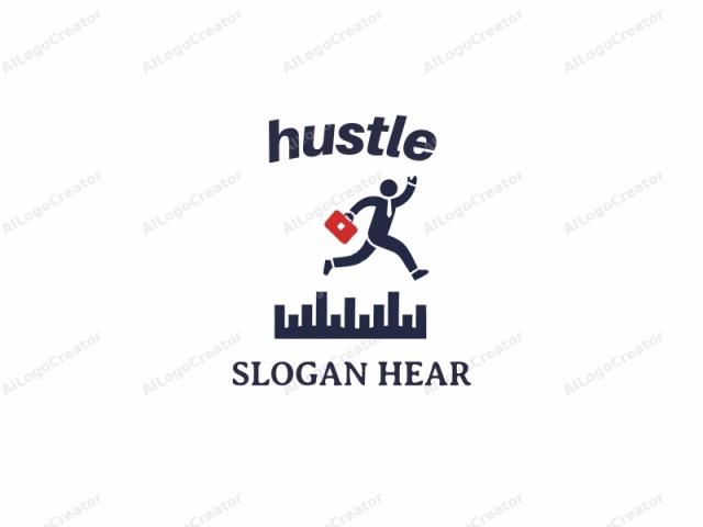 The image is a minimalist, digital logo featuring a stylized, silhouetted human figure in mid-air. The figure is depicted in a dynamic, running motion with one leg raised and the other bent forward. The figure wears a suit and